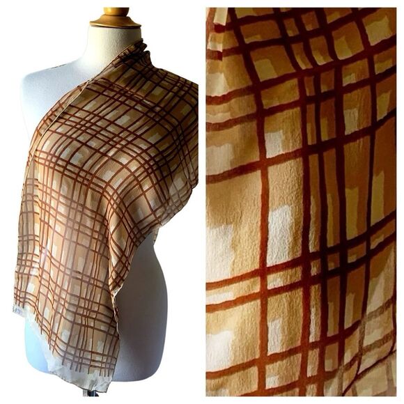 Vintage NOS ECHO Rectangular Brown Tan Silk Scarf Hand Rolled Hem - Picture 3 of 9